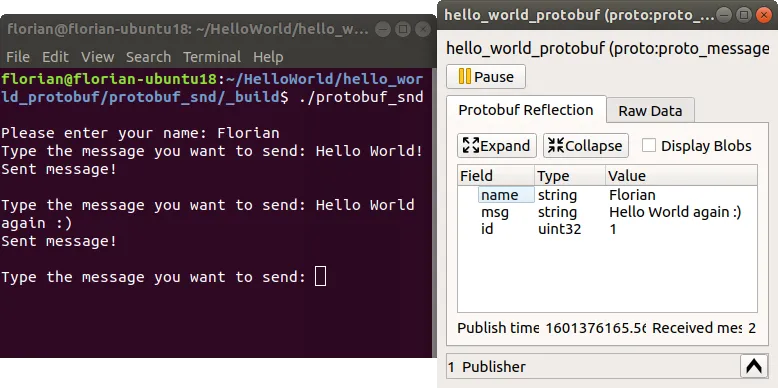 Hello World Protobuf sender and eCAL Monitor